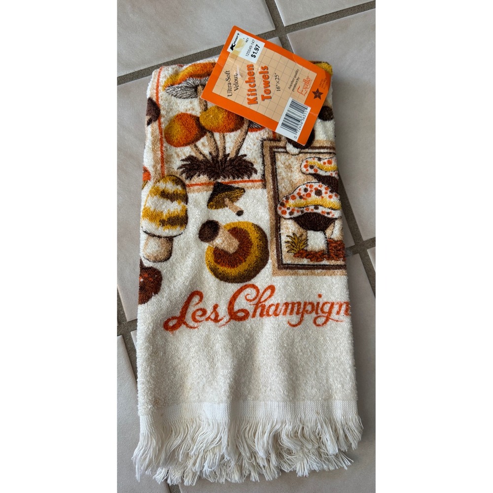 NWT Vintage Mushroom Champignons Kitchen Hand Towel Cotton Brown Orange